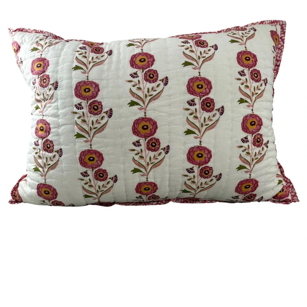 Handmade Kantha Quilted Floral Block Print Reversible Decorative Pillow Cottage